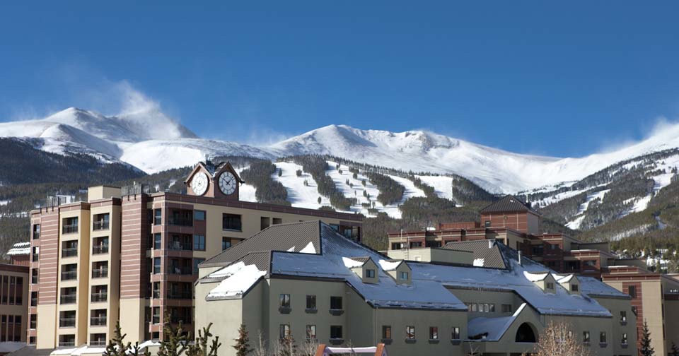 Breckenridge village beneath the ski runs of Peak 9